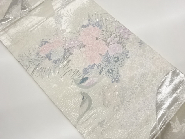 JAPANESE FUKURO OBI / PLATINUM FOIL / WOVEN FLORAL PLANTS